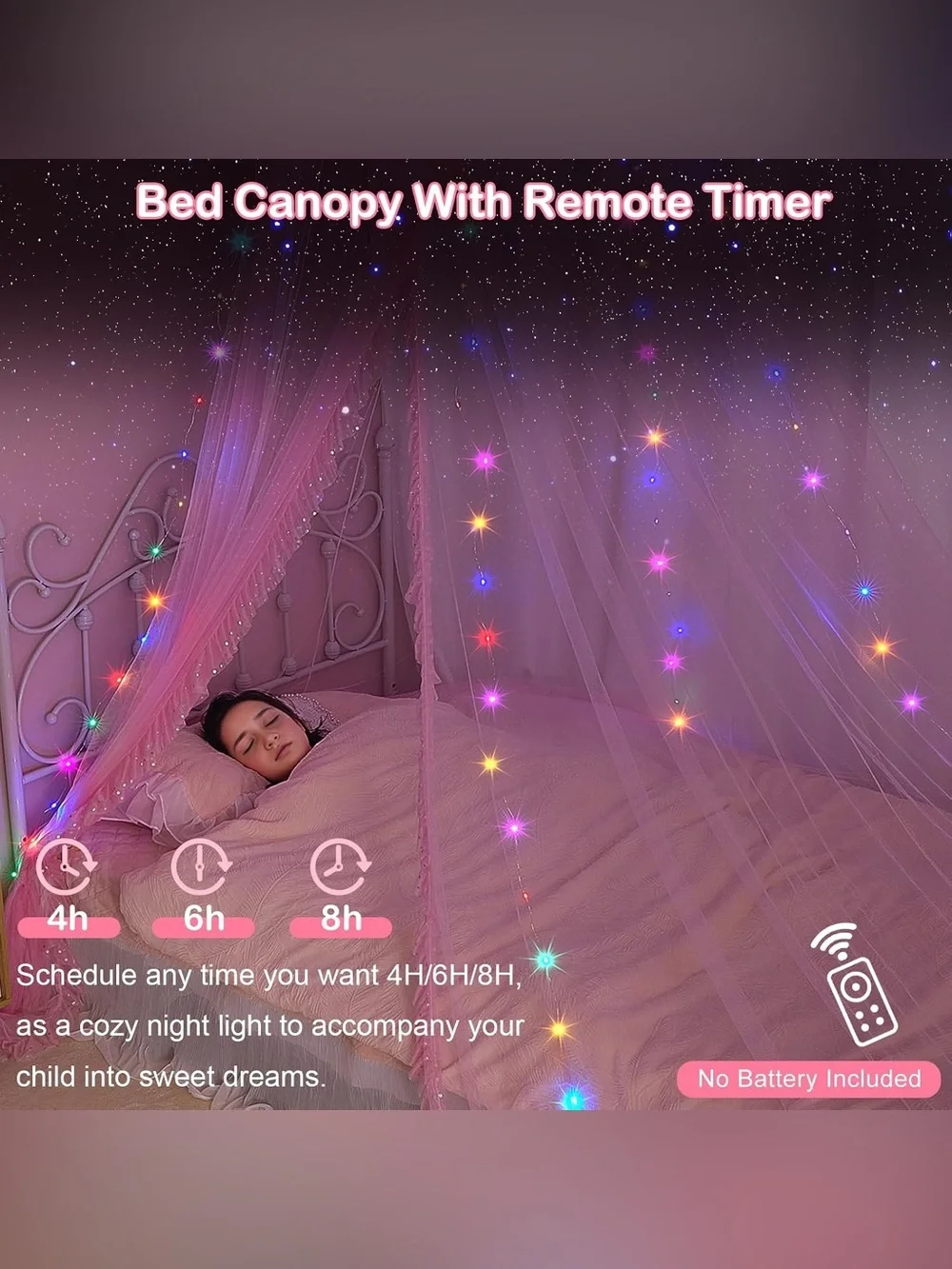 Pink Canopy Bed Net with Multicolor with LED Lights